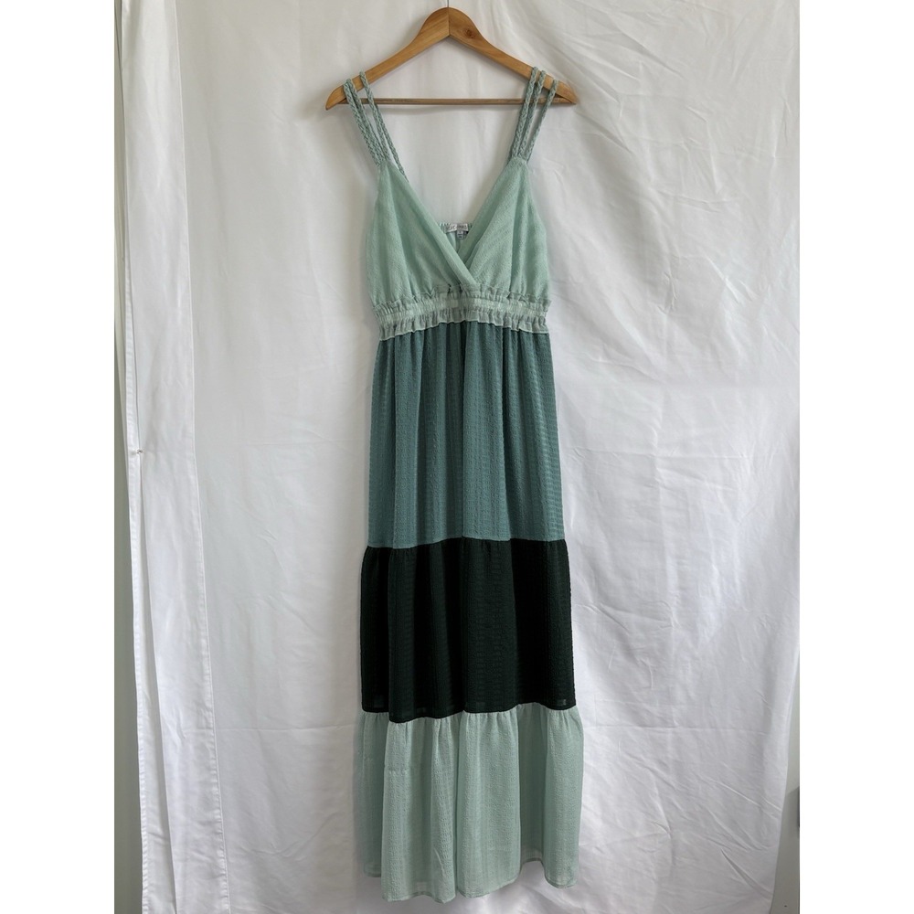 Koko + Mason Colorblock V-Neck Maxi Dress L Braided Straps Lined‎ Green